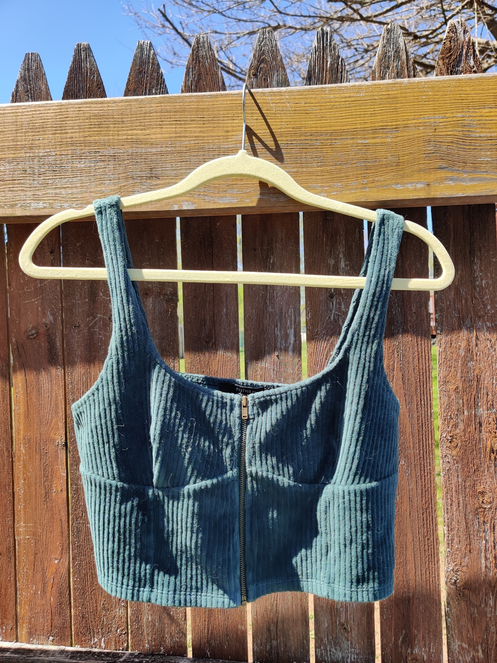 Ribbed Zip-Front Corduroy Cropped Tank Top in Deep Teal